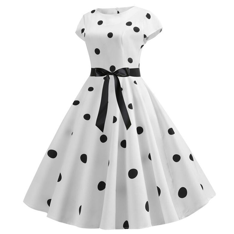 Vintage Flare Dress White Black Dots