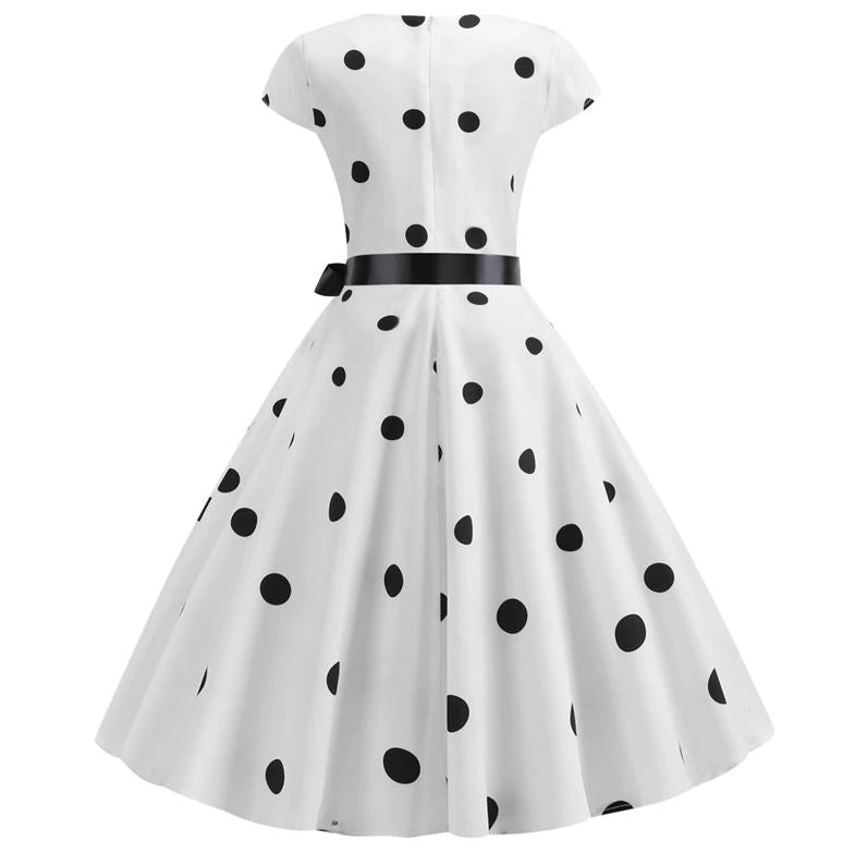 Vintage Flare Dress White Black Dots