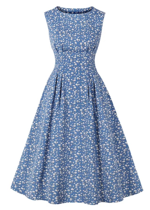 Vintage Flare Dress Blue White Flowers