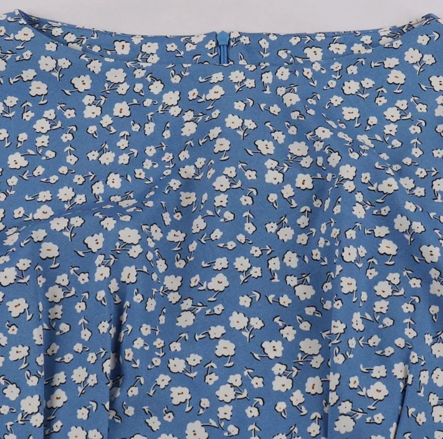 Vintage Flare Dress Blue White Flowers