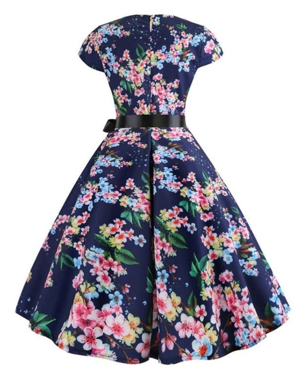 Flared Vintage Blue Dress With Little Leaves