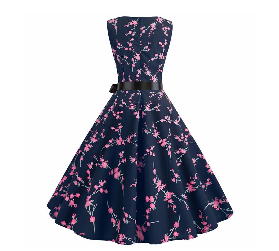 Navy Vintage Flared Dress Flowers