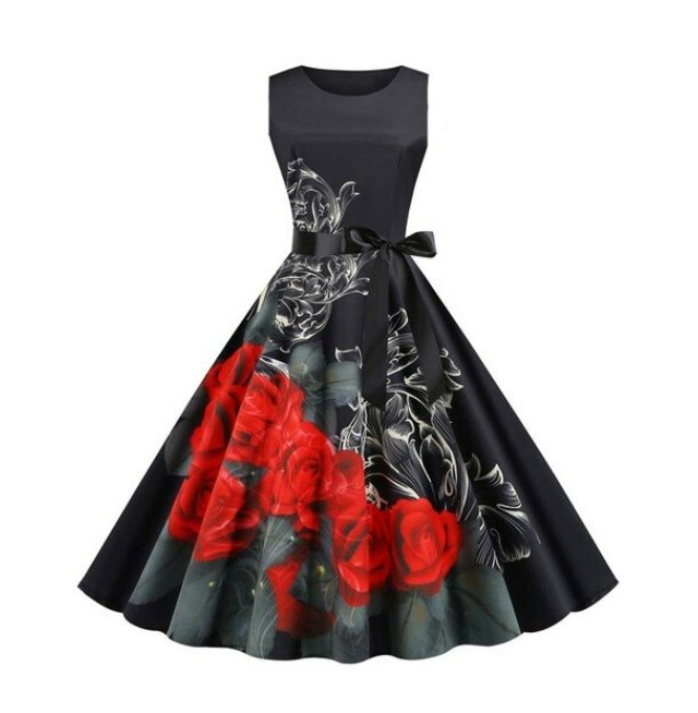 Vintage Black Floral Flared Dress