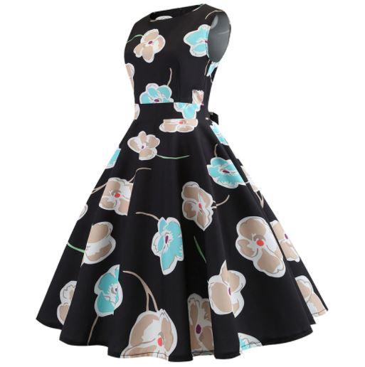 Vintage Flare Dress Black Flowers