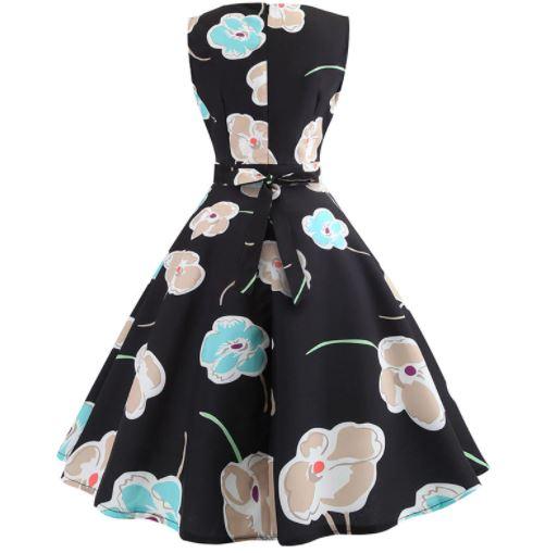 Vintage Flare Dress Black Flowers