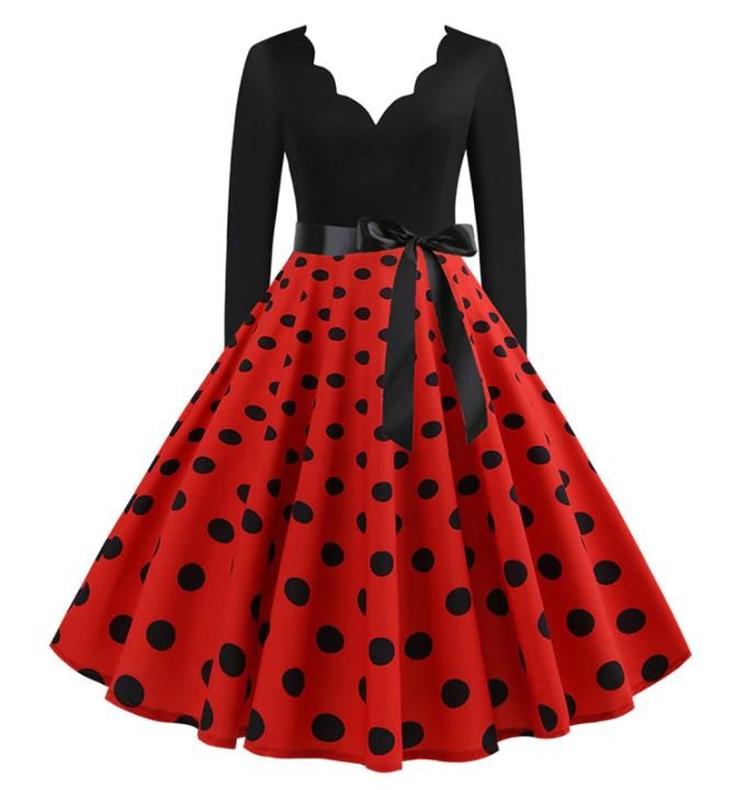 Red Vintage Flared Dress With Black Polka Dots