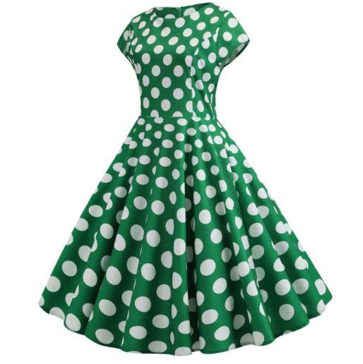 Flared Vintage Green Dress With White Polka Dots