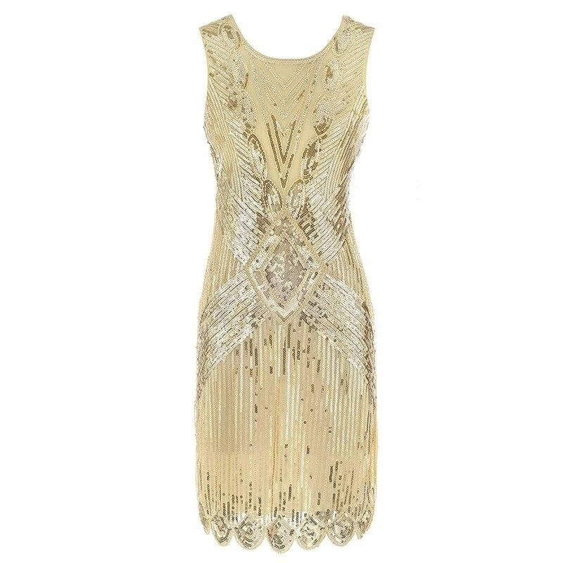 Beige And Gold Short Gatsby Dress