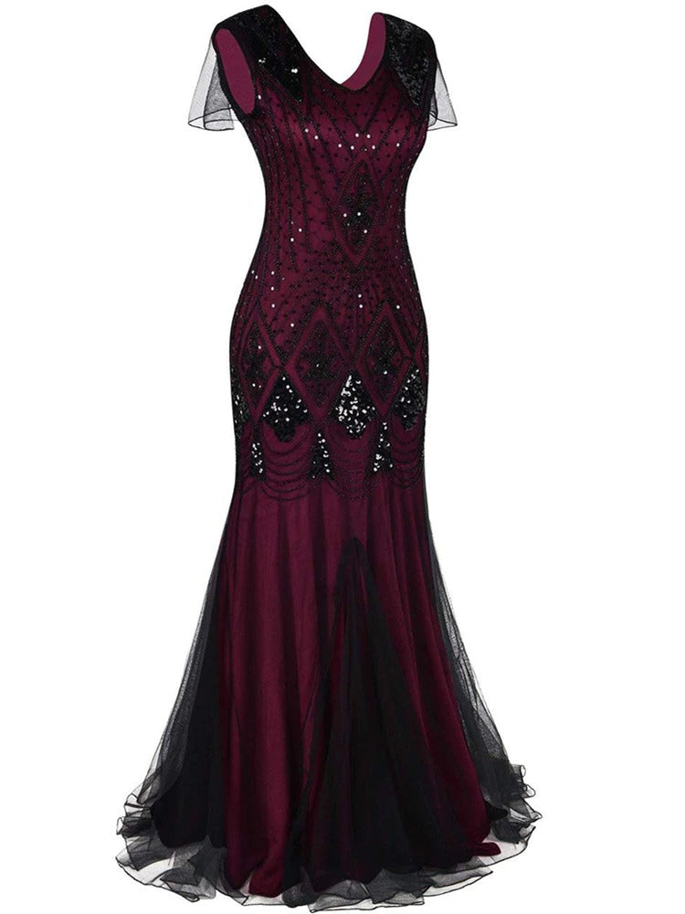 Burgundy And Black Haute Couture Long Gatsby Dress
