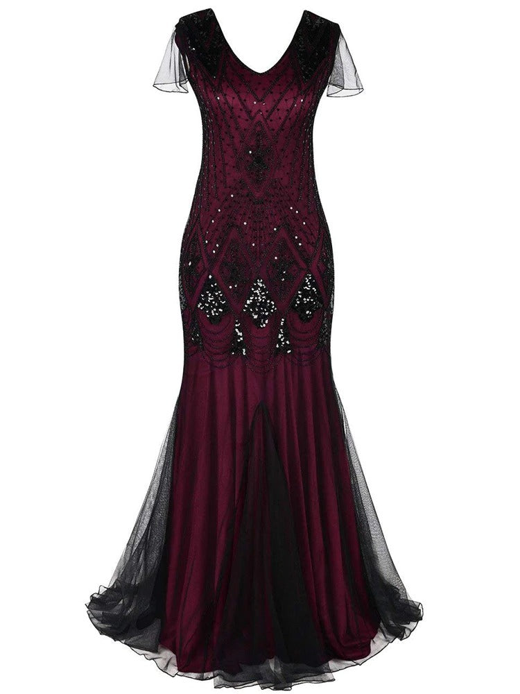 Burgundy And Black Haute Couture Long Gatsby Dress