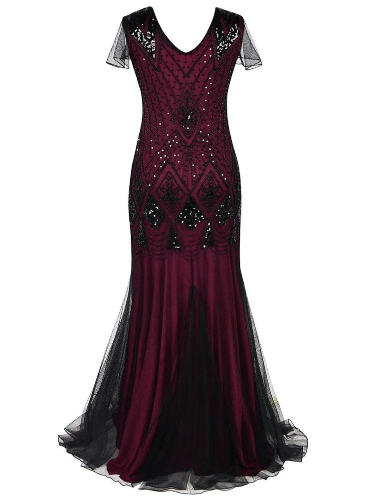 Burgundy And Black Haute Couture Long Gatsby Dress