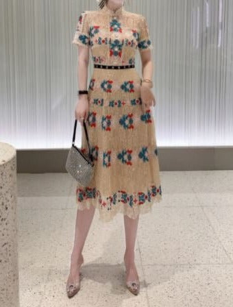 Vintage Champagne Long Ruffled Dress