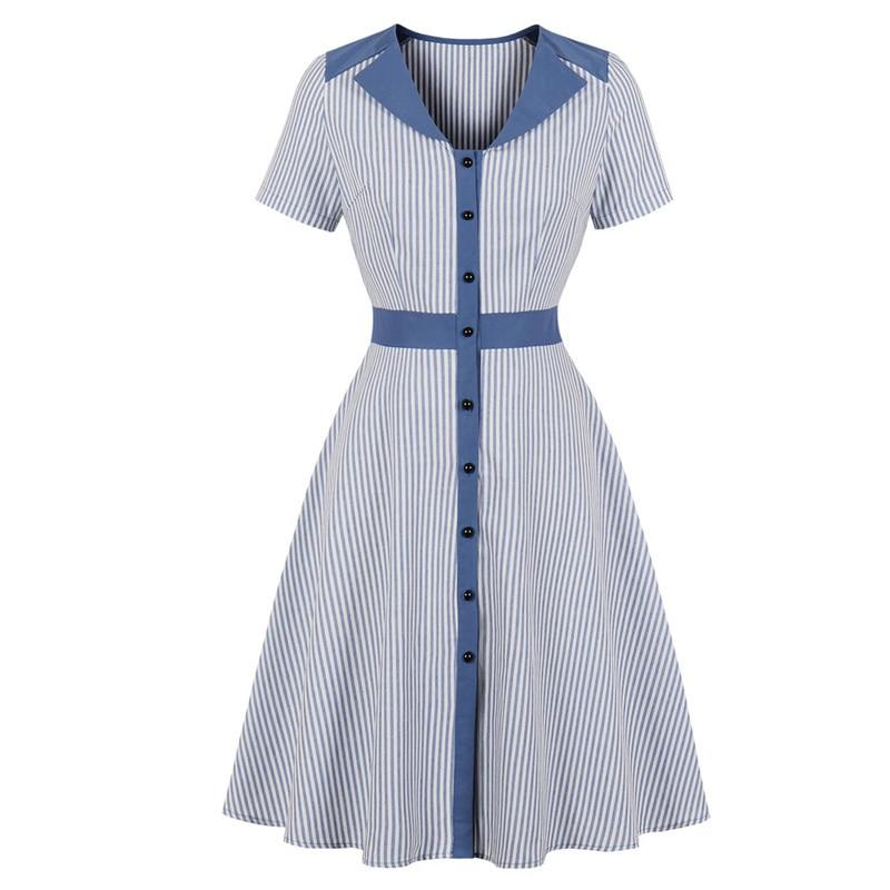 50s Striped Dress Blue