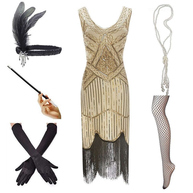 Vintage Dress 1920 Beige Black