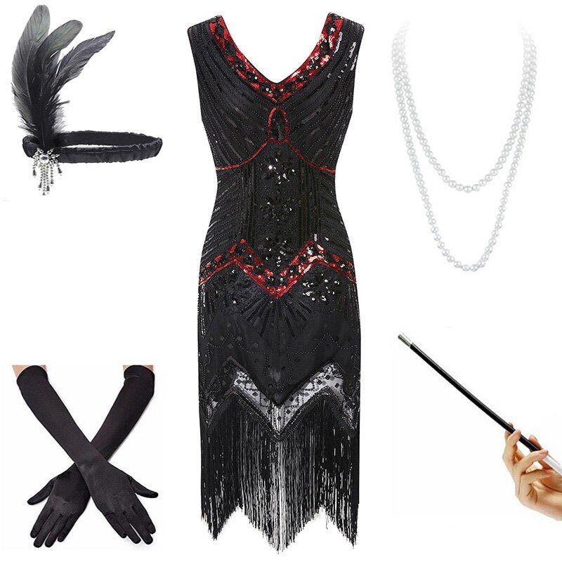 Red And Black 20s Vintage Dress (With Accessories)