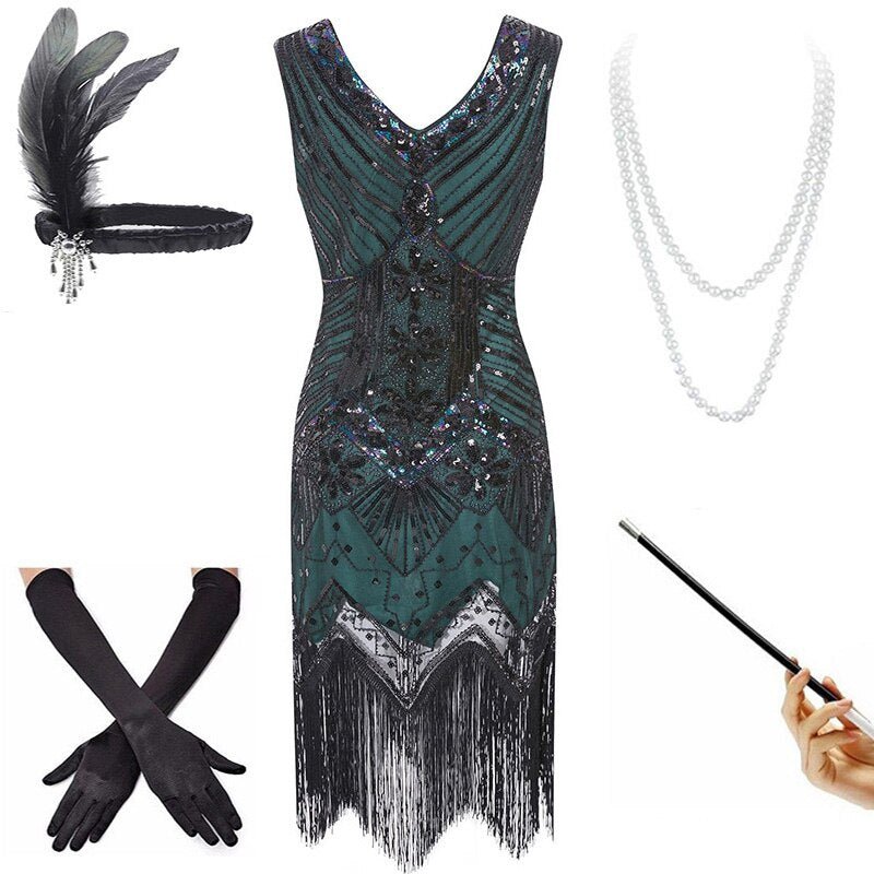 Vintage 1920s Dress Green Black