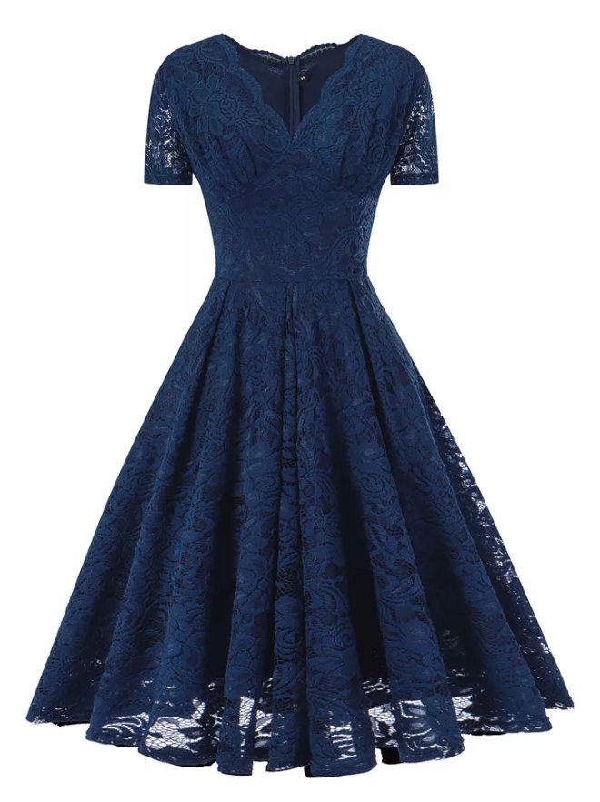 Navy Blue Embroidery Vintage Dress