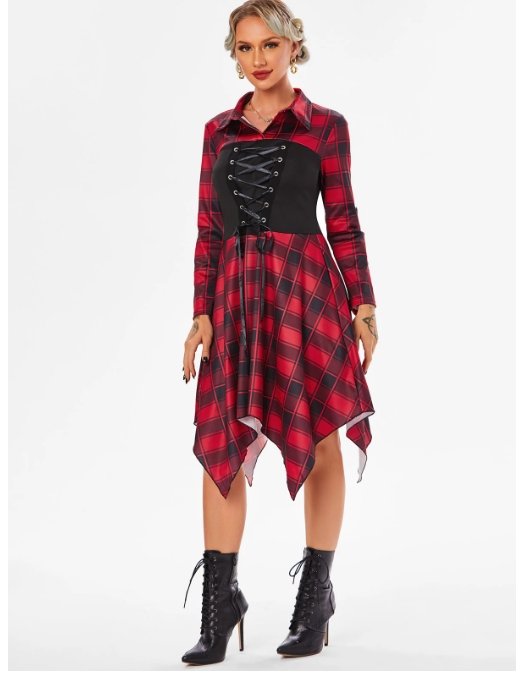 Vintage Plaid Dress With Laces Red