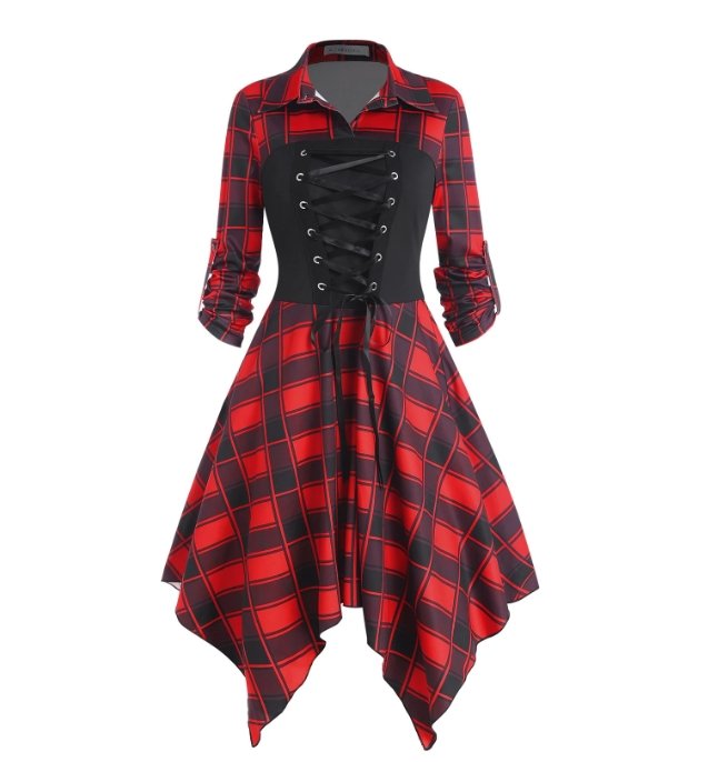 Vintage Plaid Dress With Laces Red