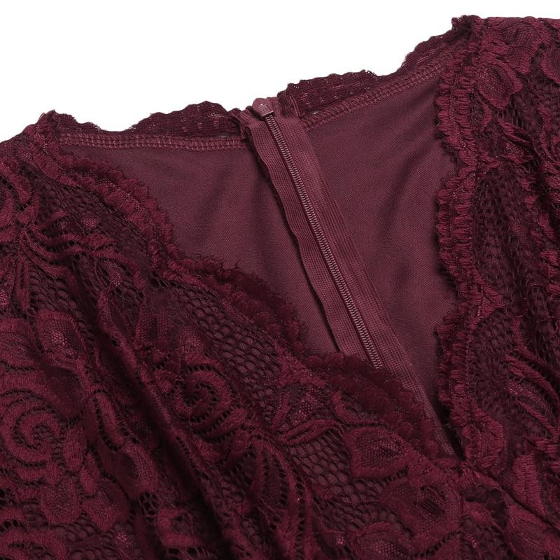 Burgundy Lace V-Neck Vintage Dress