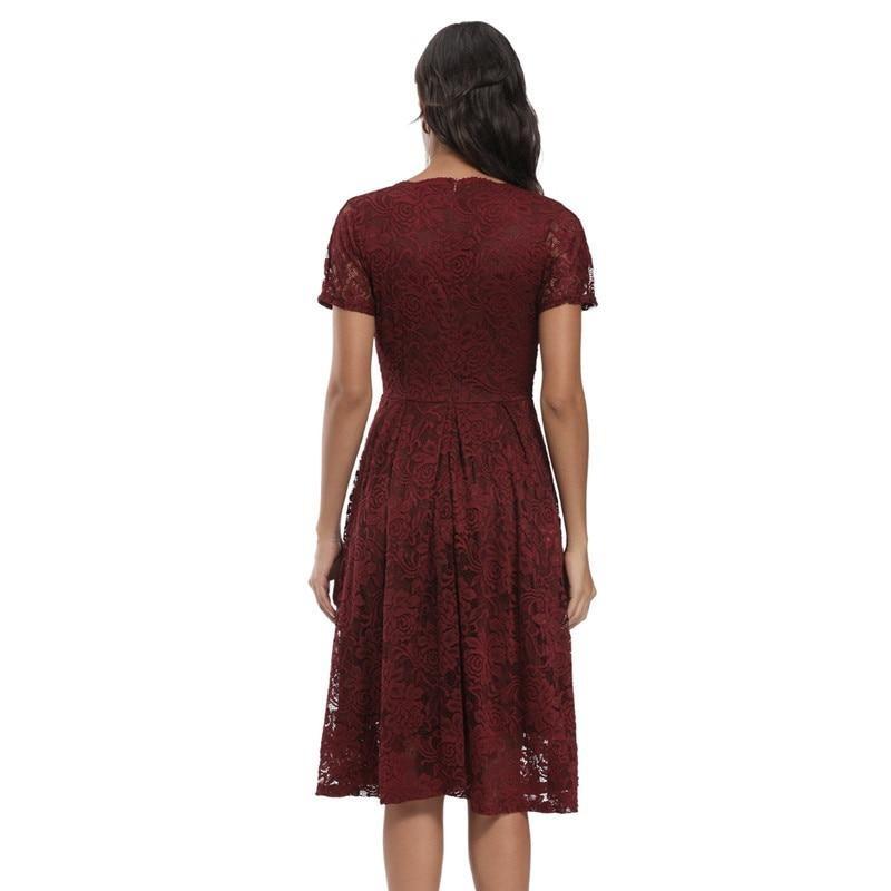 Burgundy Lace V-Neck Vintage Dress