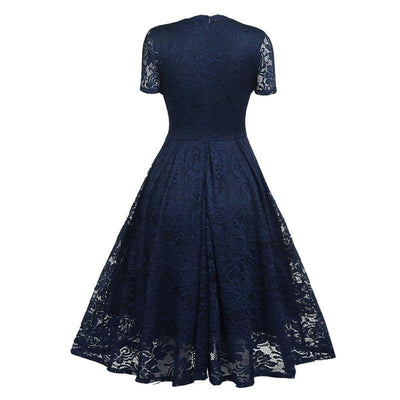 Navy Lace V-Neck Vintage Dress