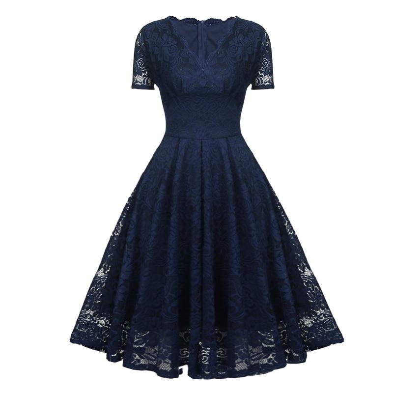 Navy Lace V-Neck Vintage Dress