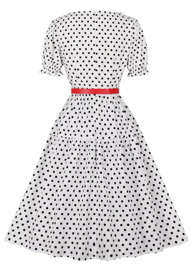White Polka Dot Round Neck Vintage Dress