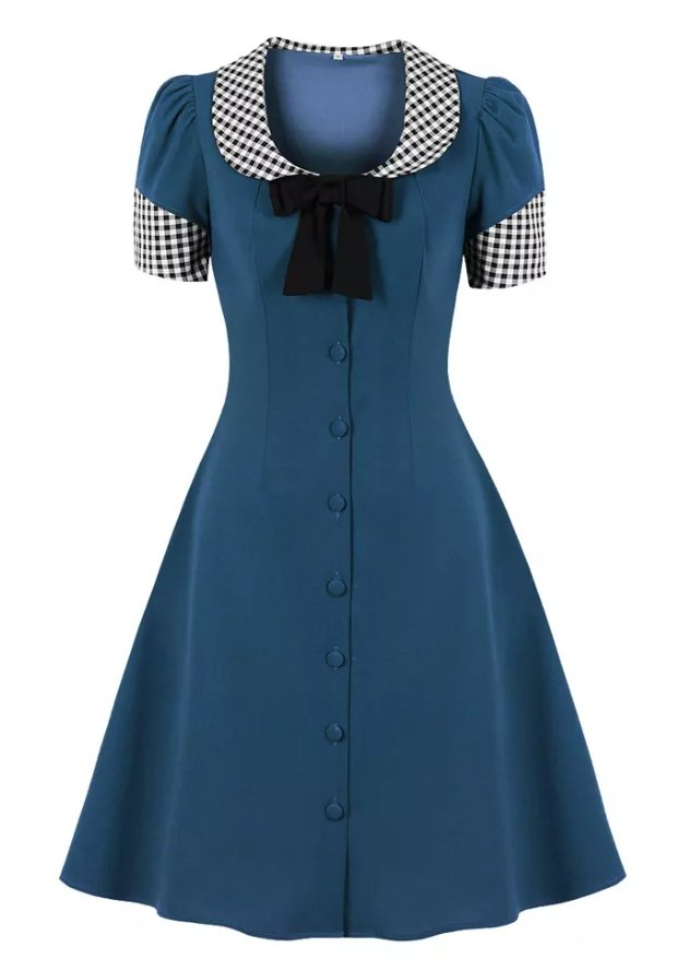 Blue Round Neck Vintage Dress