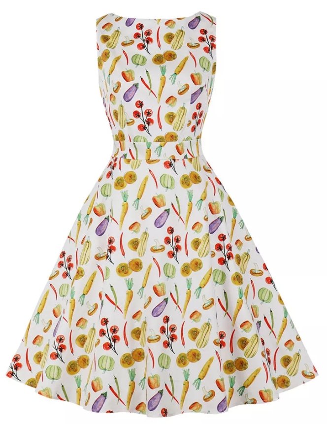 Cream Floral Round Neck Vintage Dress