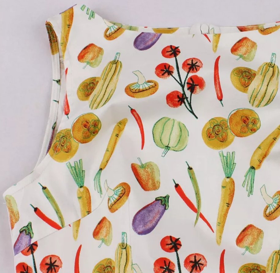 Cream Floral Round Neck Vintage Dress