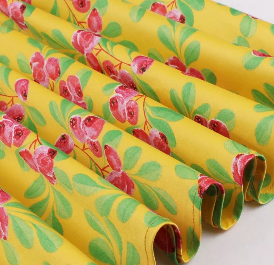 Yellow Floral Round Neck Vintage Dress