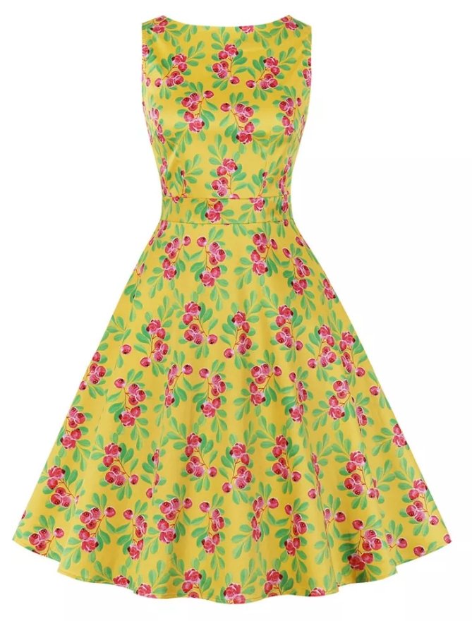 Yellow Floral Round Neck Vintage Dress