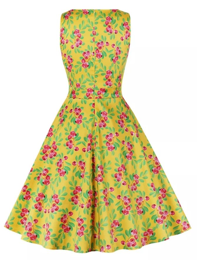 Yellow Floral Round Neck Vintage Dress