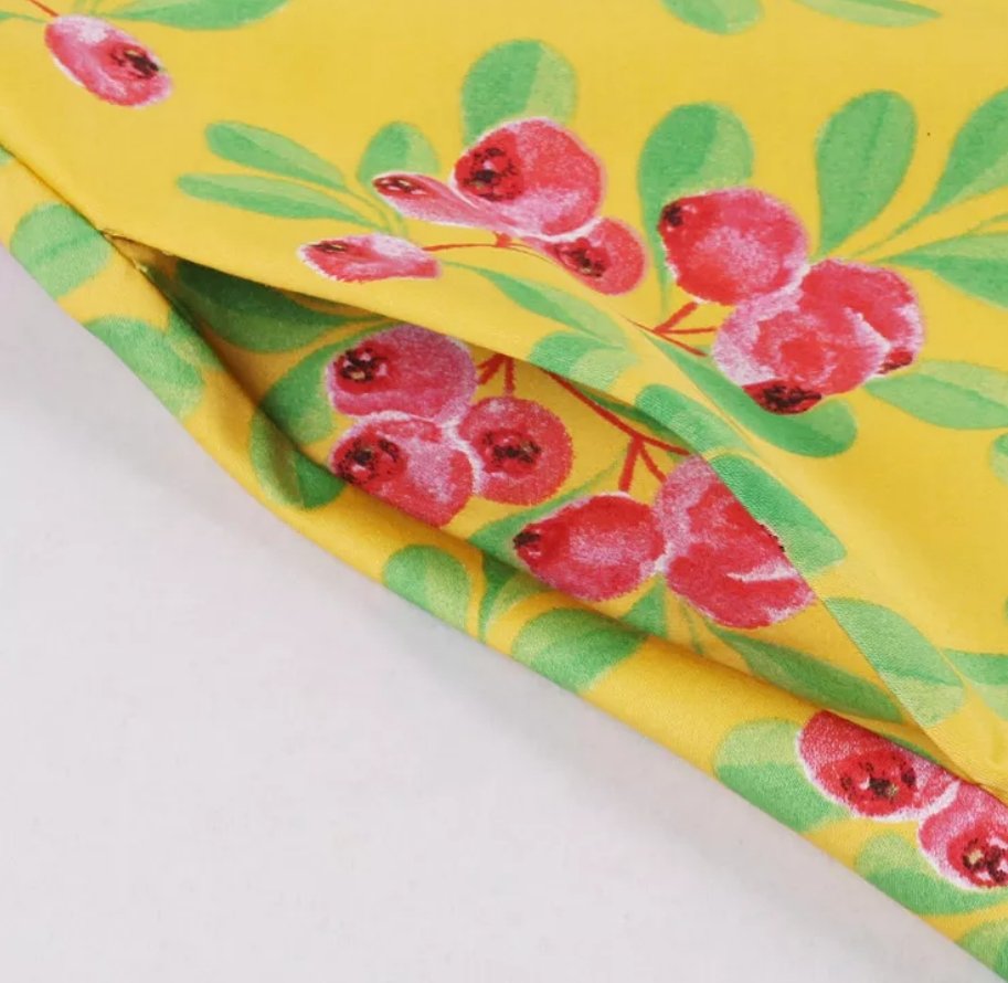 Yellow Floral Round Neck Vintage Dress