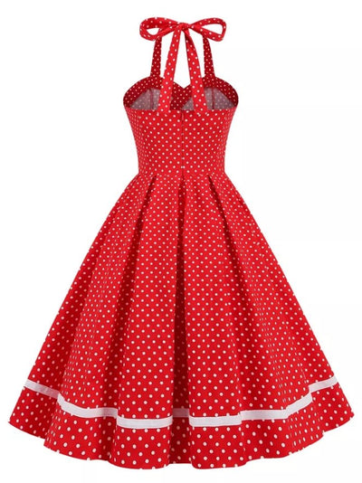 Vintage Round Neck Red Polka Dot Dress