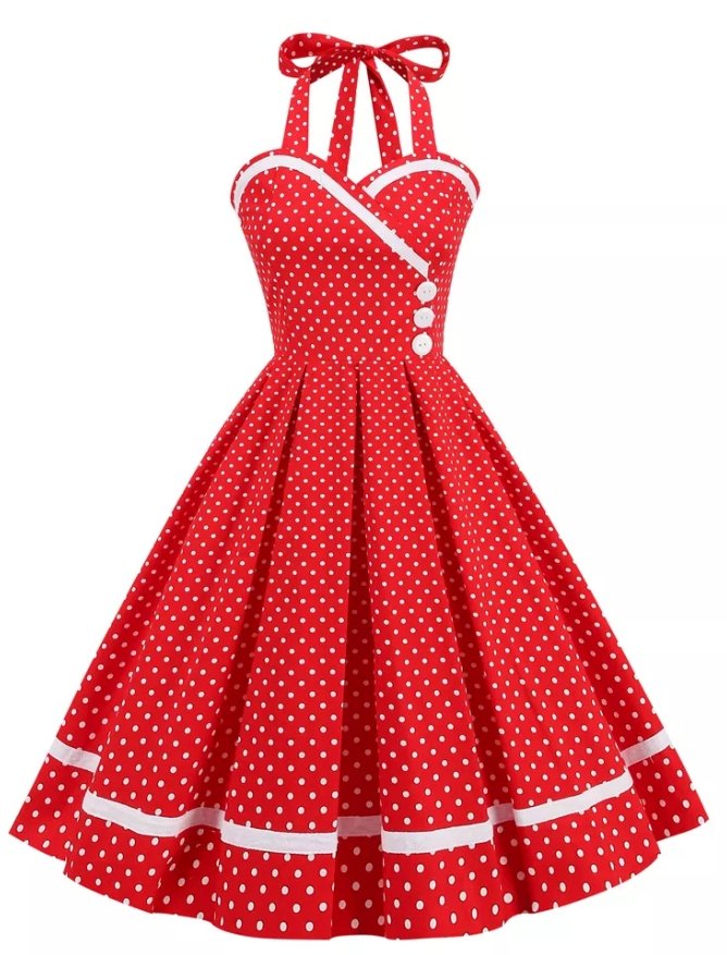 Vintage Round Neck Red Polka Dot Dress