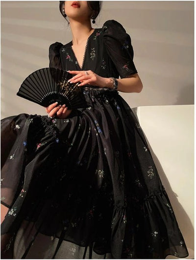 Black V-Neck Vintage Dress