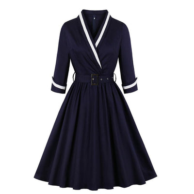 Navy Plus Size V-Neck Vintage Dress