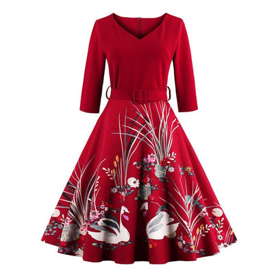 Red Long Sleeve Plus Size Vintage Dress