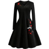 Plus Size Vintage Dress Black Embroidered Flowers