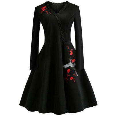 Plus Size Vintage Dress Black Embroidered Flowers