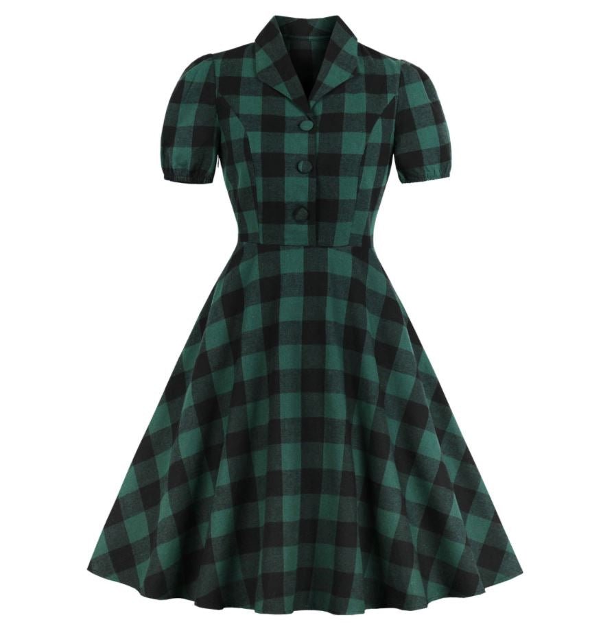 Green Checked Plus Size Vintage Dress