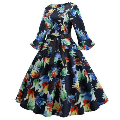 Vintage Winter Dress Navy Flowers